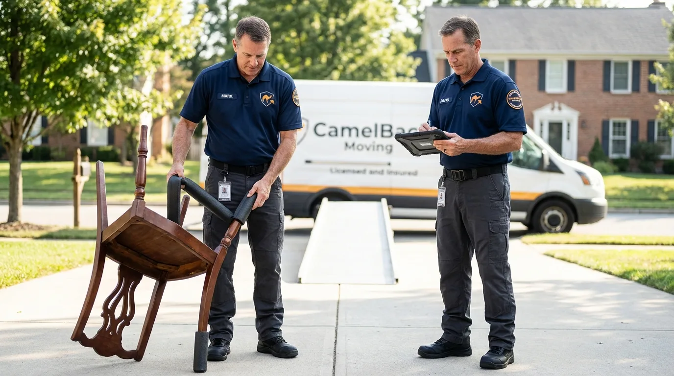 Movers inspecting furniture for damage prevention before loading in Irmo, SC