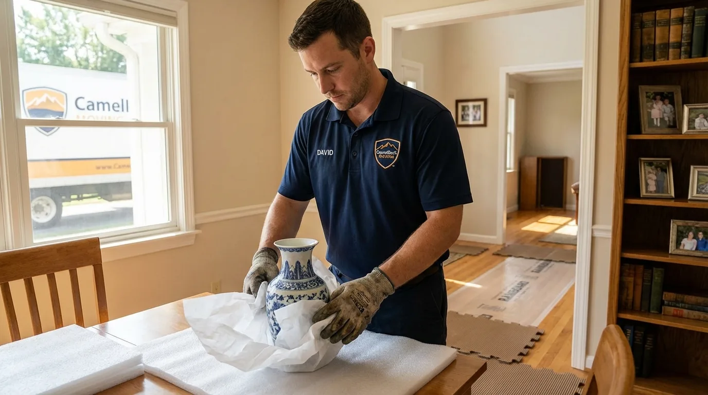 Professional crew carefully wrapping antique vase for senior downsizing move in Irmo, SC